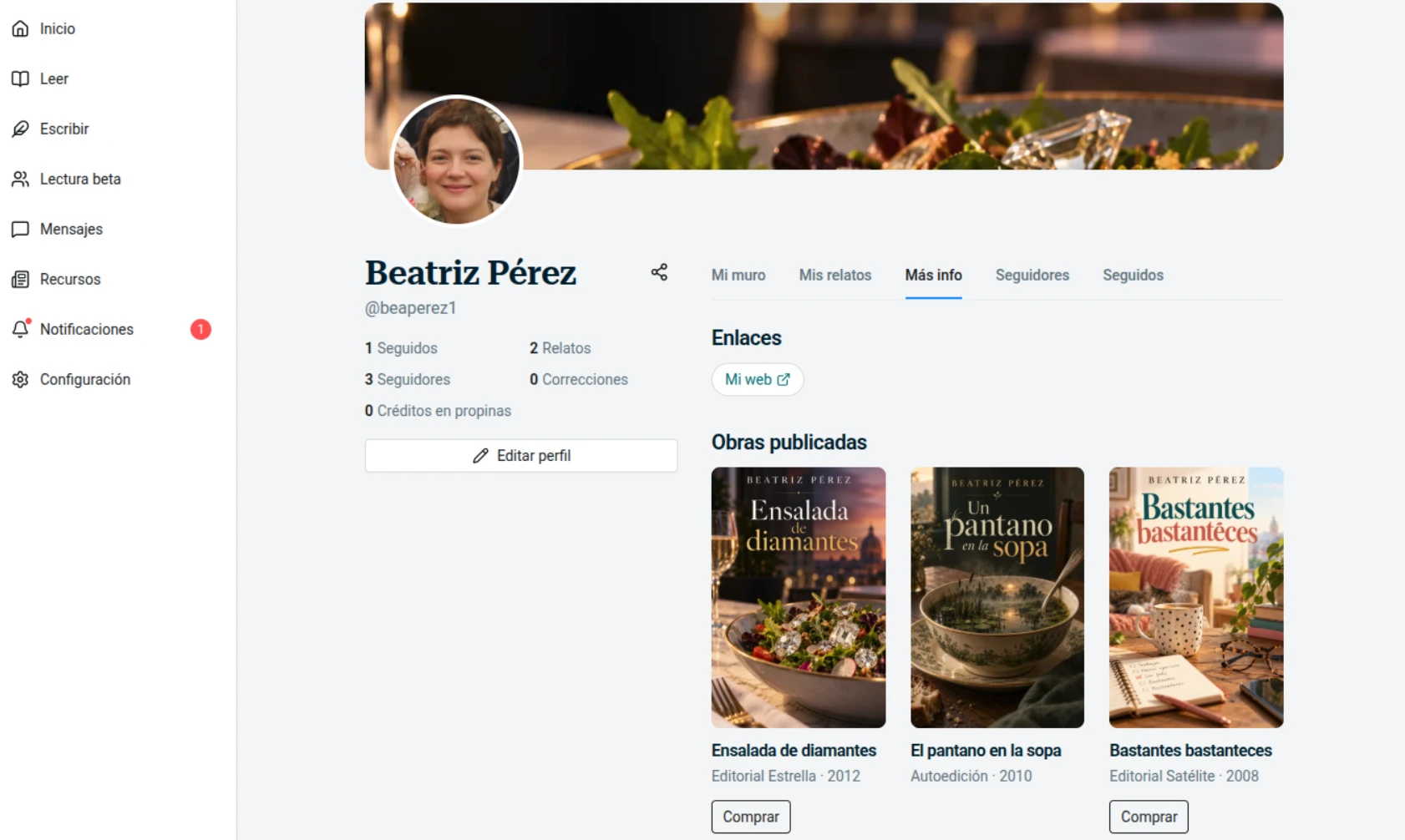 Perfil de autora en Lectores Beta, con su biografía y sus obras publicadas