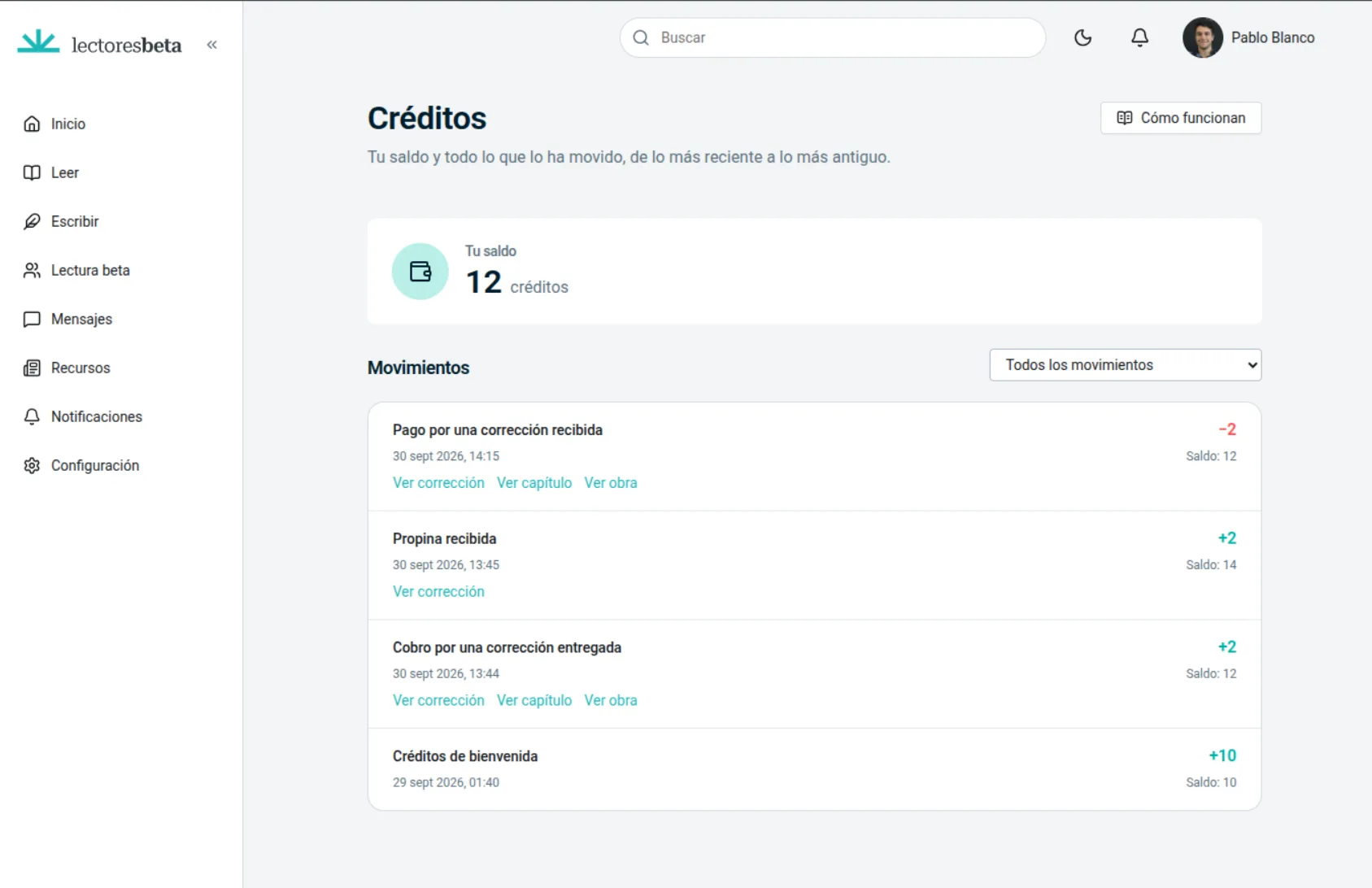 Panel de créditos de un usuario en Lectores Beta, mostrando su saldo y el historial de movimientos